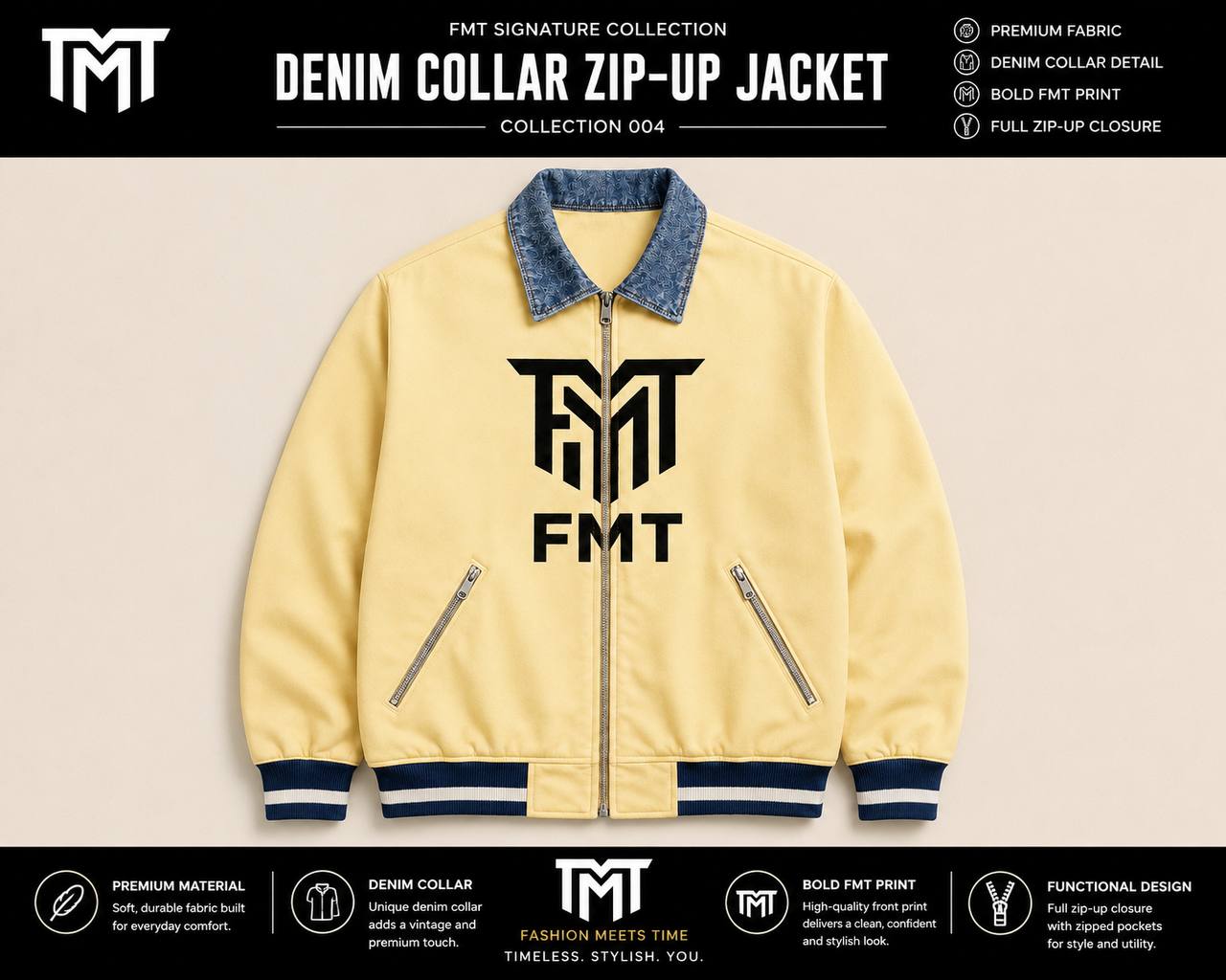 FMT Signature Soft Milkish-Yellow Varsity Jacket – Denim Collar Collection 006