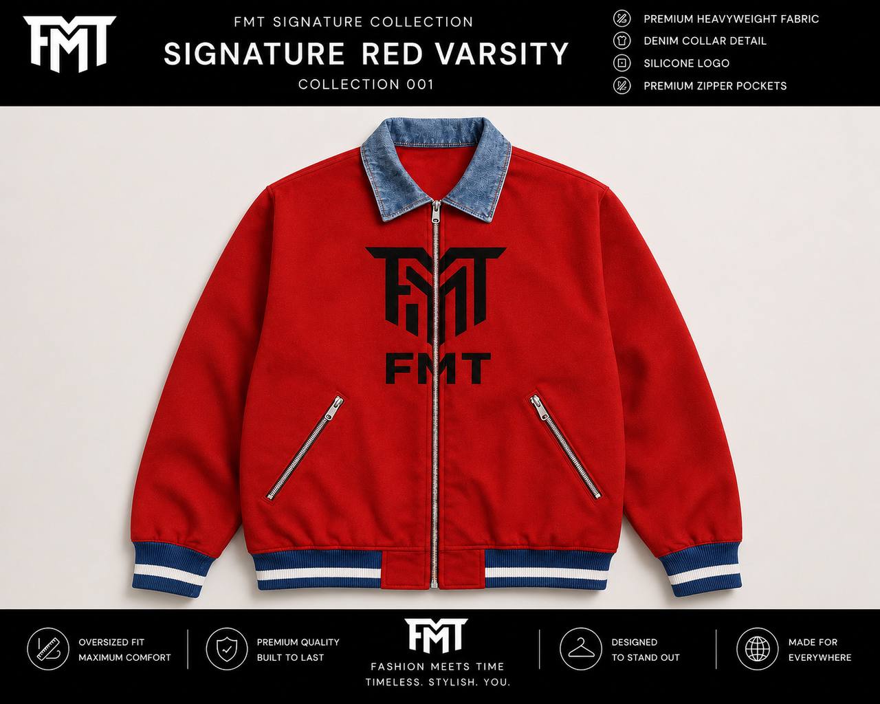FMT Signature Red Varsity Jacket – Denim Collar Collection 005