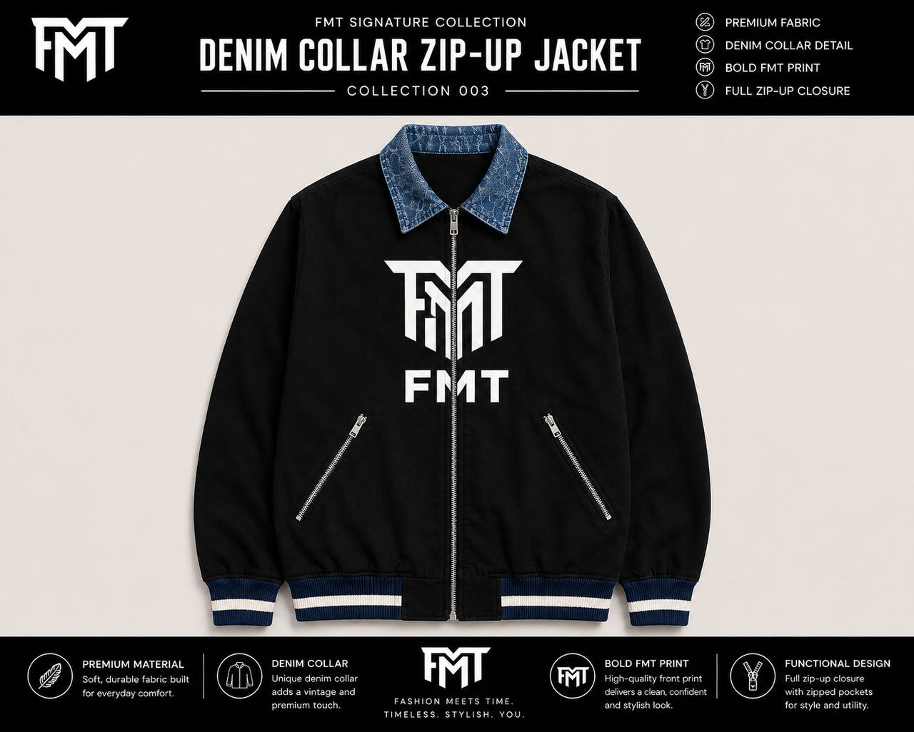 FMT Signature Black Varsity Jacket – Denim Collar Collection 007