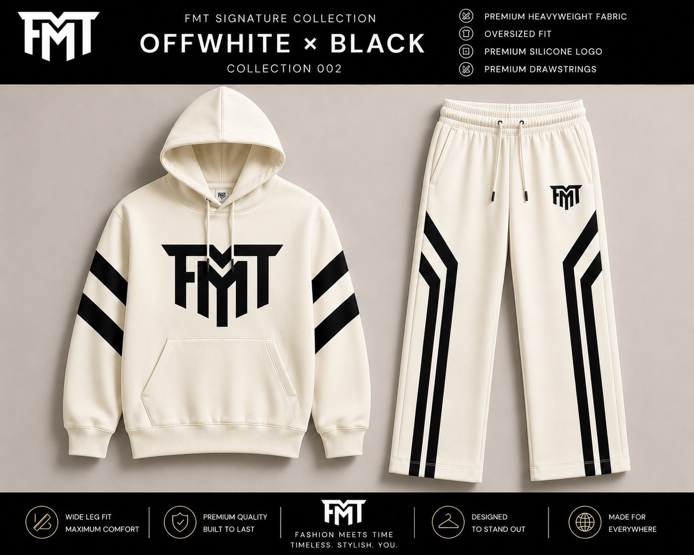 FMT Signature Off-White × Black Tracksuit – Collection 002, oversized hoodie and wide leg joggers
